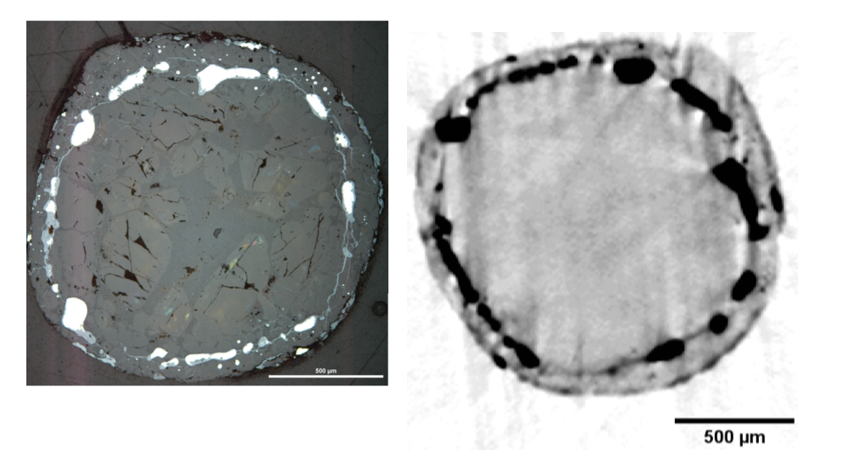 Figure: On the left, reflected light image of a chondrule from Bjurböle (Ordinary chondrites L/LL4). Bright sections are Fe-Ni metal. On the right, CT-image of the same chondrule slightly rotated.